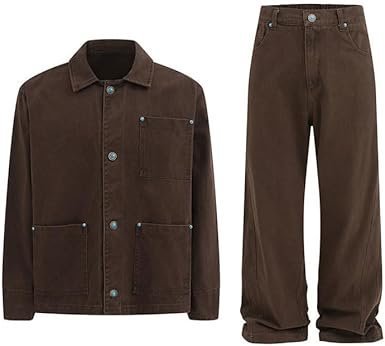 Men Spring Autumn Casual Suit Multiple Pockets Workwear Straight Leg Pants Suit Denim Jacket