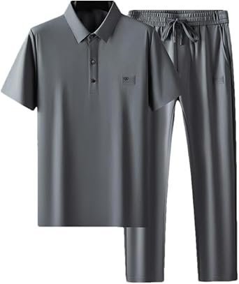 Mens 2 Piece Summer Outfit Cotton Linen Polo Shirt with Pants Lightweight Breathable Moisture Wicking Casual Wear