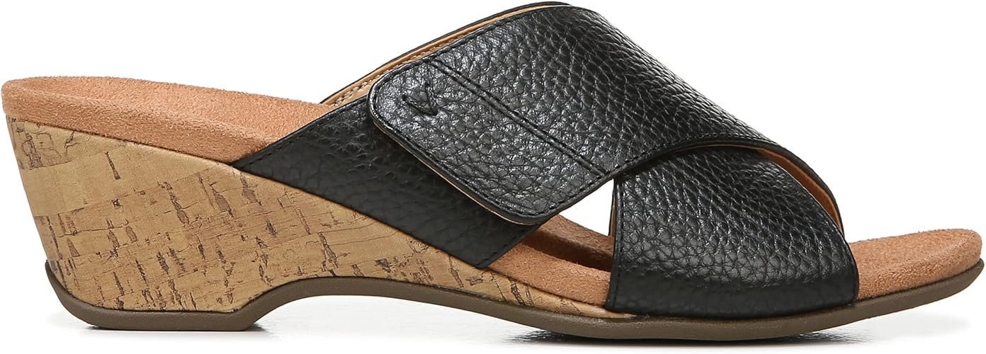 Vionic Leticia Women's Wedge Comfort Sandal Black-tumbled Leathe - 8.5 Medium