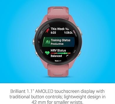 Garmin Forerunner 265S Running Smartwatch, Colorful AMOLED Display, Training Metrics and Recovery Insights, Light Pink and Powder Gray