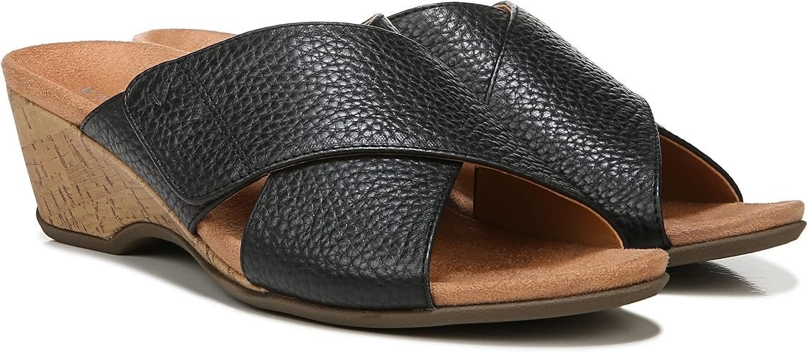 Vionic Leticia Women's Wedge Comfort Sandal Black-tumbled Leathe - 8.5 Medium