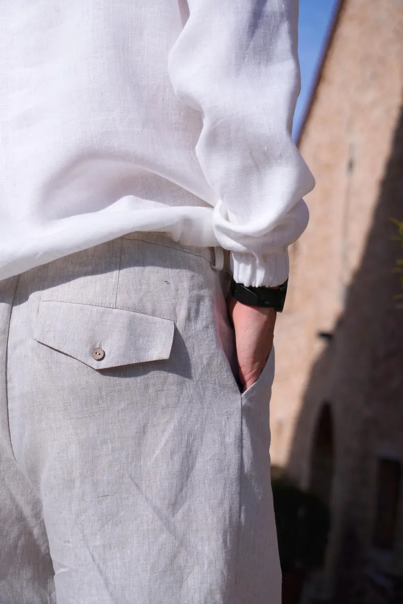 Men's Pleated Linen Pants with Elastic Cuffs