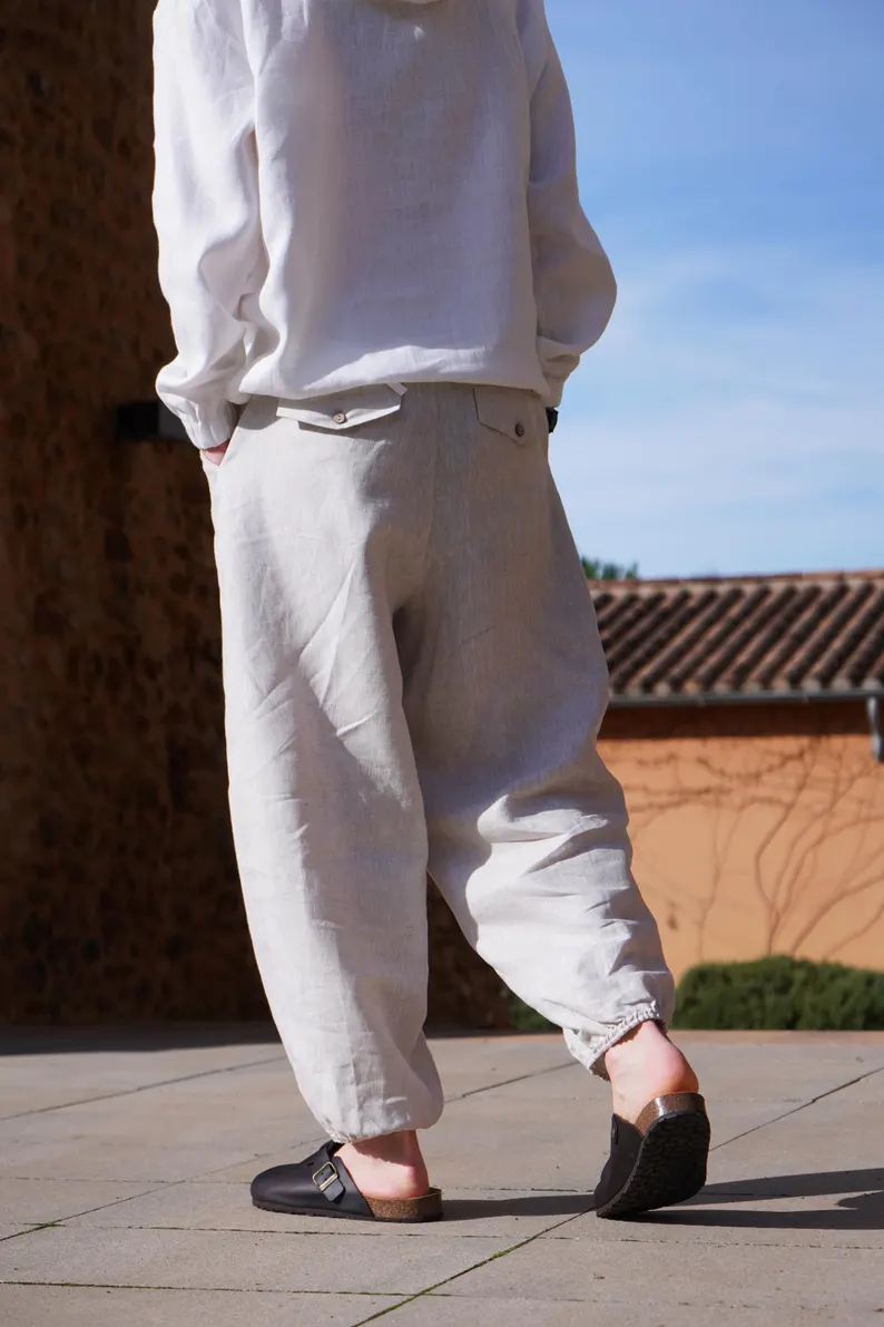 Men's Pleated Linen Pants with Elastic Cuffs