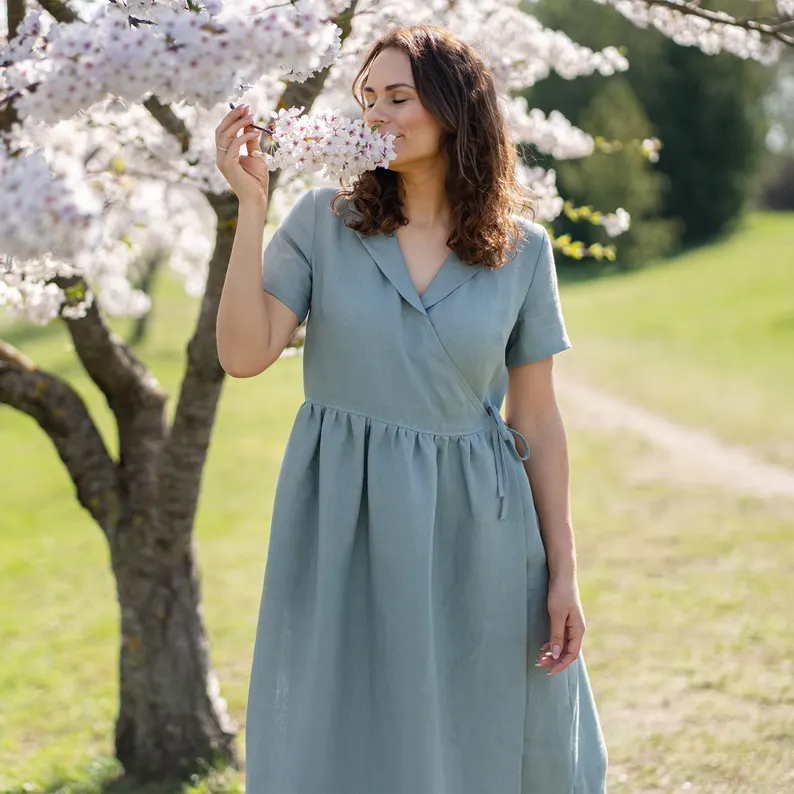 Linen Wrap Dress Shirt Wrap Dress Collar Wrap Dress