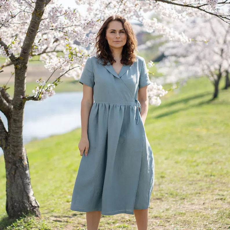 Linen Wrap Dress Shirt Wrap Dress Collar Wrap Dress