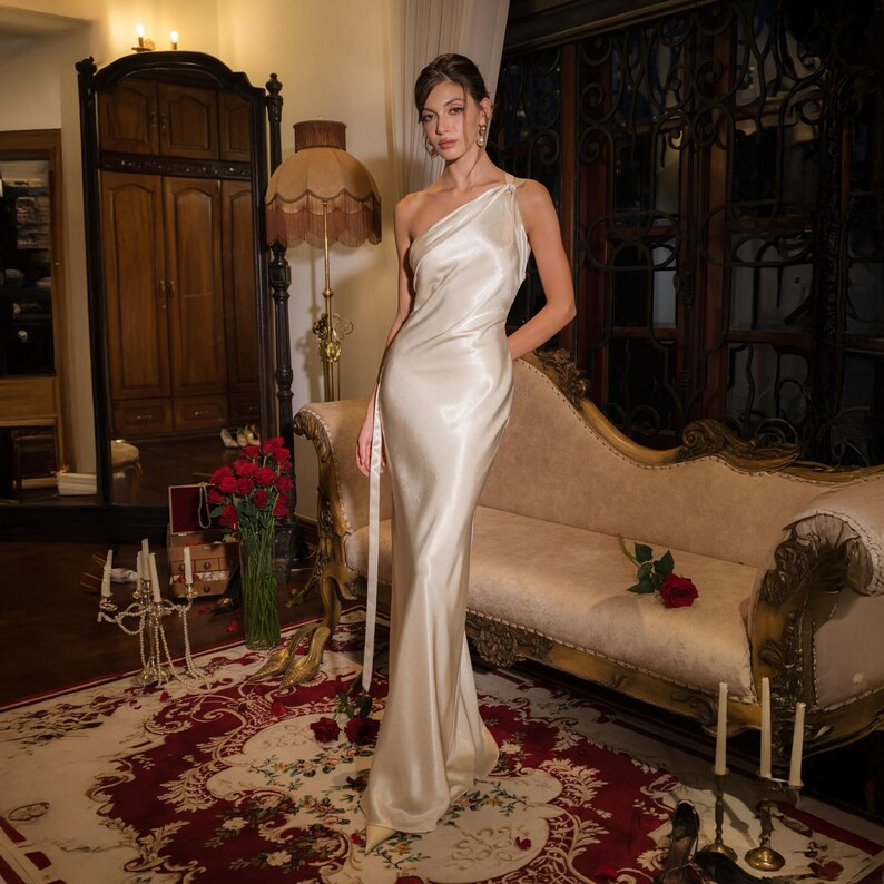 One Shoulder Silk Dress | Pearl White Silk Gown