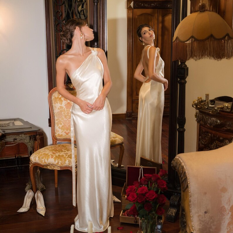 One Shoulder Silk Dress | Pearl White Silk Gown