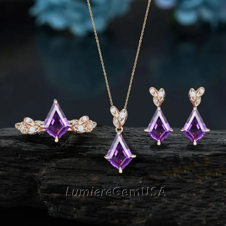 Unique Kite Cut Amethyst Ring,Earrings,Necklace
