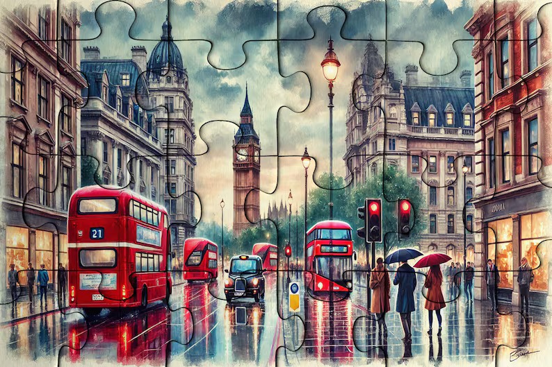 London Street Scene Wooden Jigsaw Puzzle for Adults - 200, 300, 500, 1000 Pieces - Cityscape Puzzle in Decorative Box